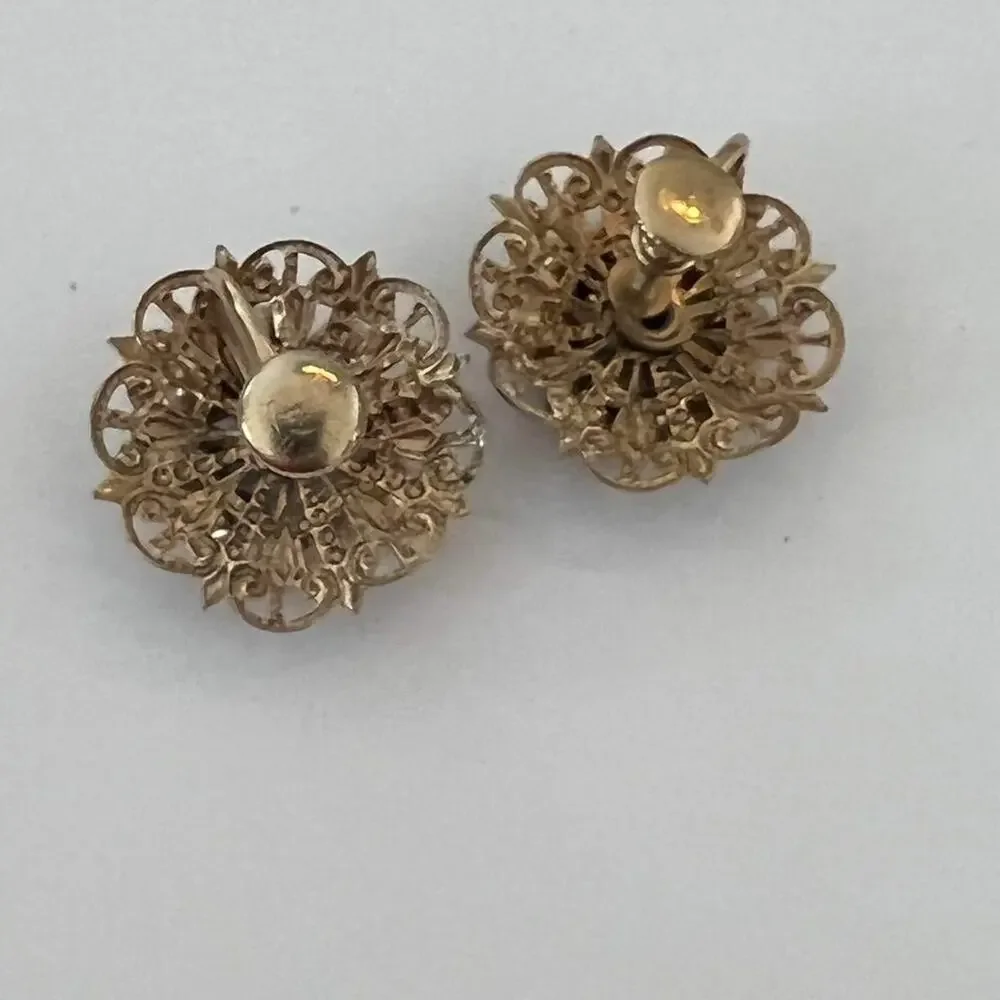 Vintage 60s Gold Filligree And Purple Rhinestone Clip On Earrings